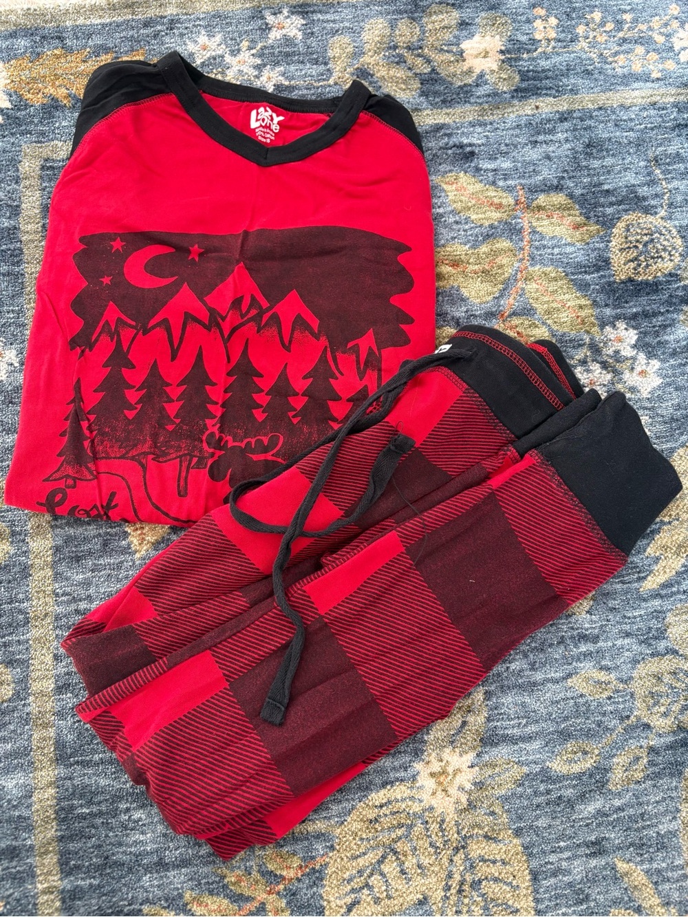 Red Womens Pajama Party Set with Forest Print - Lightweight Cozy Sleepwear